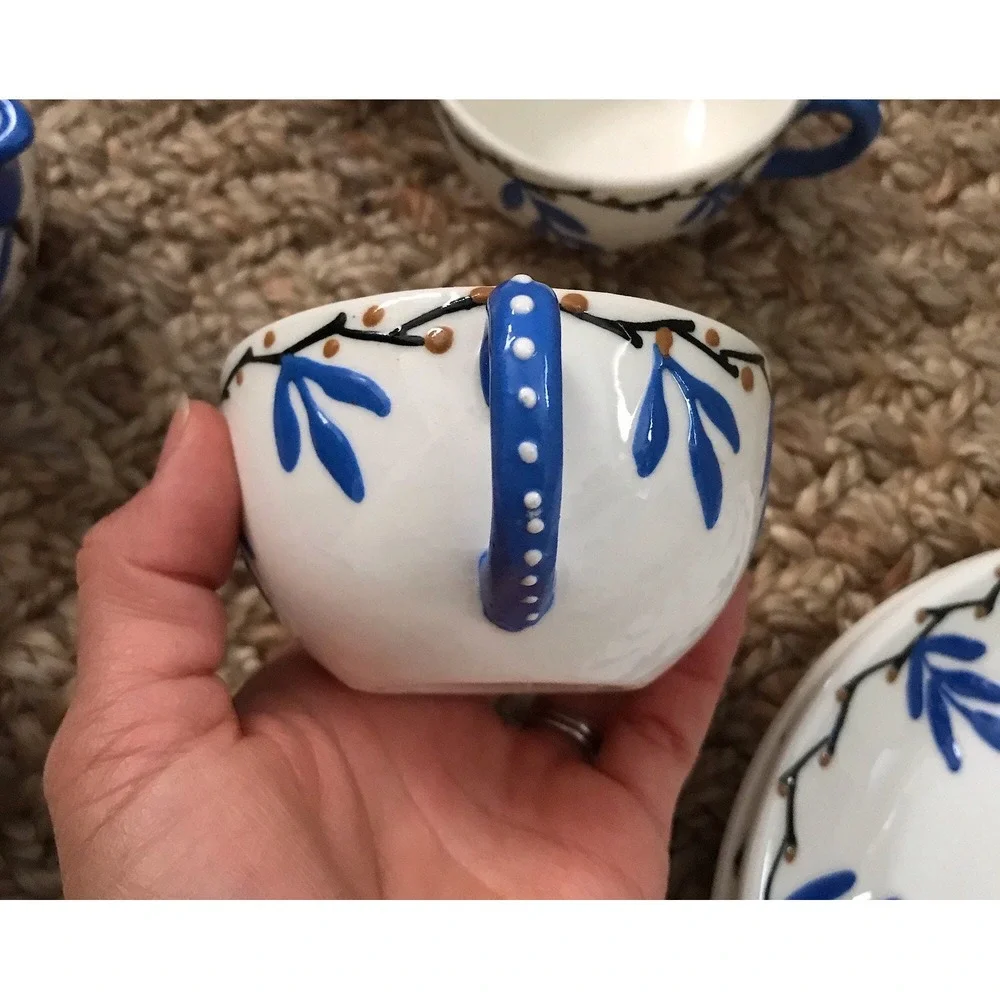 Vintage Hand‎ Painted Tea Set Blue White Creamer 4 Cups Saucers Floral Pottery